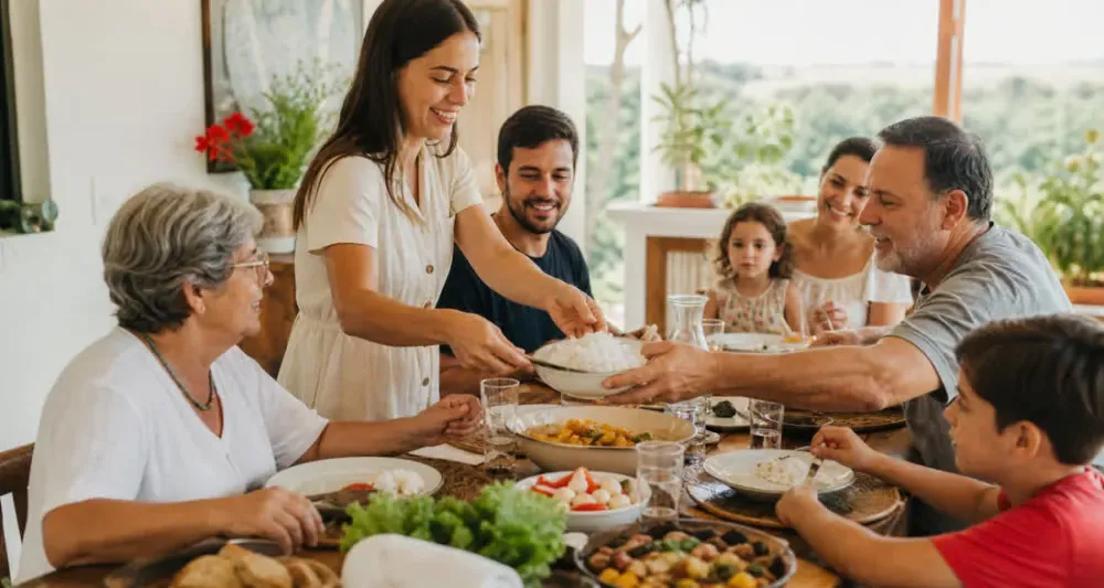 Fam&iacute;lia reunida compartilhando o arroz &agrave; mesa